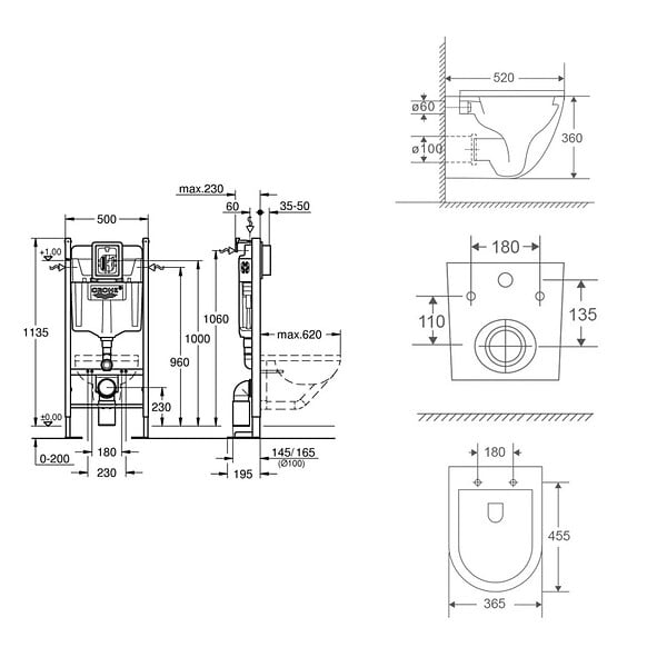 GROHE - Pack WC Bâti autoportant + WC sans bride Vortex SAT Fusion + Abattant softclose + Plaque Chrome - large