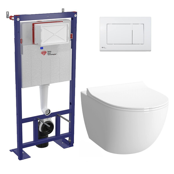 SWISS AQUA TECHNOLOGIES - Pack WC bâti-autoportant + WC SAT infinitio sans bride fixations invisibles + Abattant softclose + Plaque blanche - large