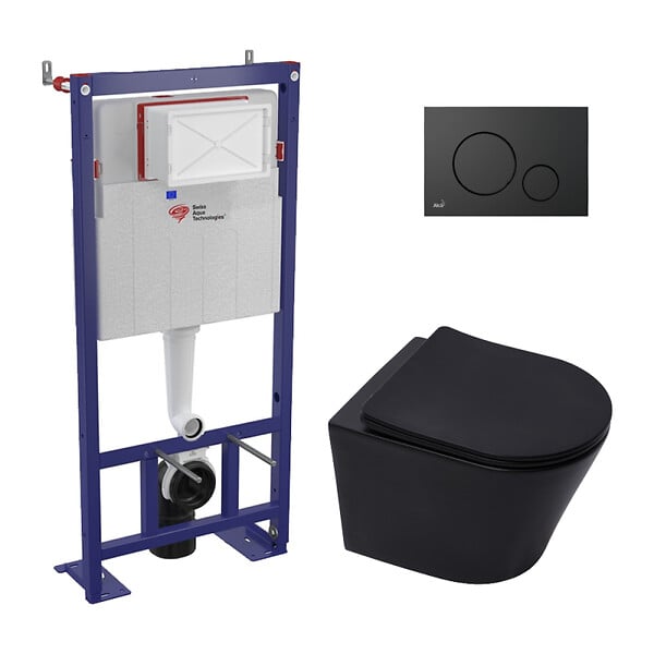 SWISS AQUA TECHNOLOGIES - Pack WC bâti-autoportant + WC Infinitio noir mat sans bride + Abattant softclose + Plaque noire mat (SMART-BlackInfinitio-2) - large