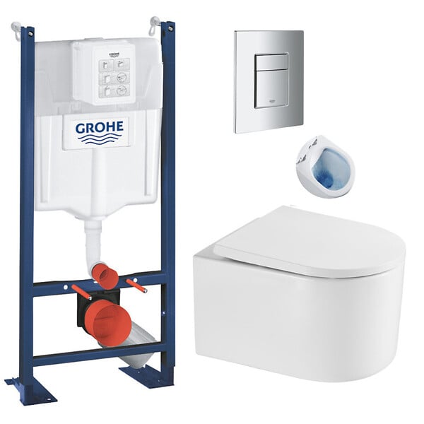 GROHE - Pack WC Bâti autoportant + WC sans bride SAT + Abattant SoftClose + Plaque Chrome (ProjectDelano-1) - large