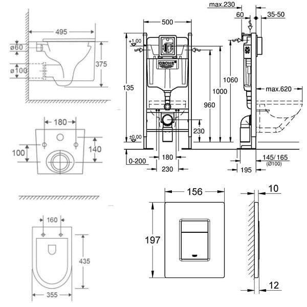 GROHE - Pack WC Bâti autoportant + WC sans bride SAT + Abattant SoftClose + Plaque Chrome (ProjectDelano-1) - large