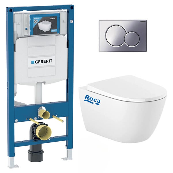 GEBERIT - Pack WC Bati Geberit Duofix UP320 + cuvette Roca sans bride + abattant Soft Close + Plaque Chrome (GebOna-N) - large