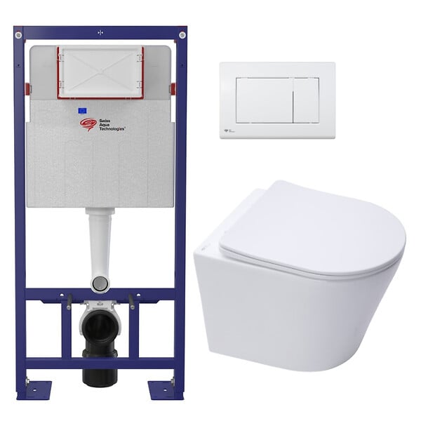 SWISS AQUA TECHNOLOGIES - Pack WC bâti-autoportant + WC SAT sans bride + Abattant SoftClose + Plaque blanche (SMART-Infinitio-M270) - large
