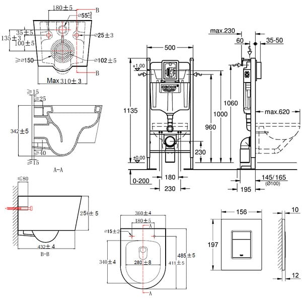 GROHE - Pack WC Bâti autoportant Rapid SL + WC SAT sans bride et fixations invisibles + Plaque Noir mat (ProjectSATrimless-KF0) - large