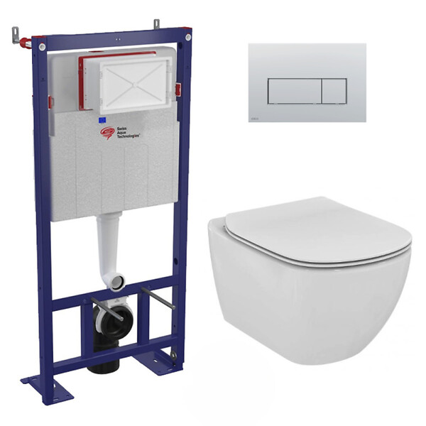 SWISS AQUA TECHNOLOGIES - Pack WC Bâti autoportant + WC Ideal Standard Tesi Aquablade sans bride + Plaque Chrome mat (SMART-Tesi-572) - large
