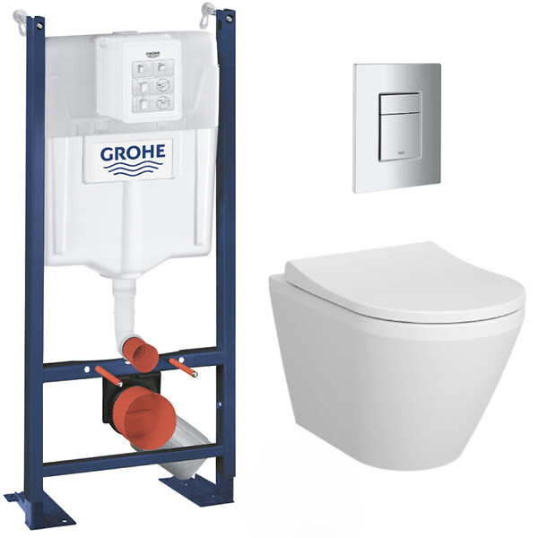GROHE - Pack WC Bâti Autoportant Rapid SL + WC sans bride Integra + Abattant softclose + Plaque chrome (ProjectIntegraRimless-1-SP) - large