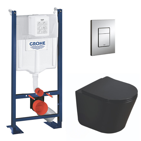 GROHE - Pack WC Bâti autoportant + WC Swiss Aqua Technologies Infinitio noir sans bride + Plaque chrome (ProjectBlackInfinitio-1-SP) - large