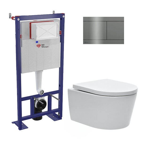 SWISS AQUA TECHNOLOGIES - Pack WC bâti-autoportant + WC SAT sans bride + Abattant softclose + plaque en acier inoxydable, revêtement PVD, Gun Metal - large