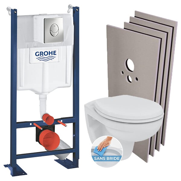 GROHE - Pack WC Bâti autoportant + Cuvette Porcher rimless + Abattant + Plaque chrome + Set Habillage (ProjectPorcher-2-sabo) - large
