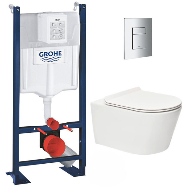 GROHE - Pack WC Bâti autoportant + WC sans bride SAT Brevis + Abattant ultra-fin softclose + Plaque chrome (ProjectBrevis-1-SP) - large