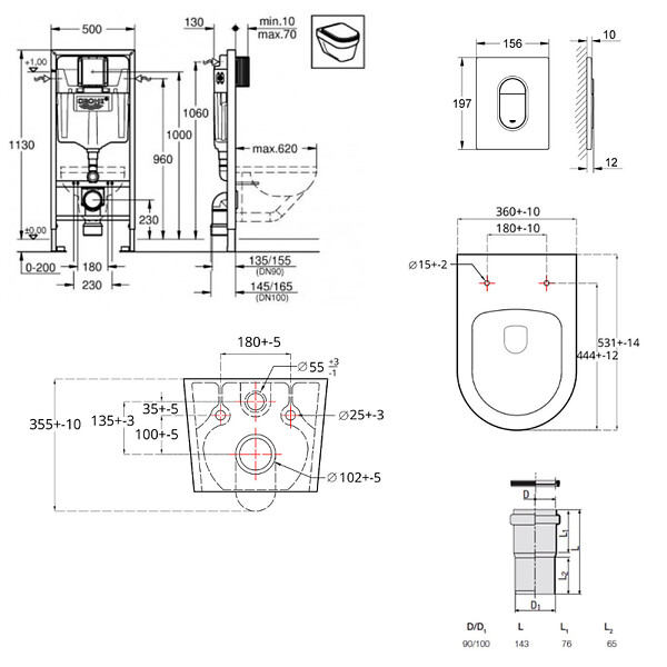 GROHE - Pack WC Bâti Rapid SL + WC sans bride SAT Brevis + Abattant SoftClose + Plaque chrome + Set d'habillage (ARENABREVISSB) - large