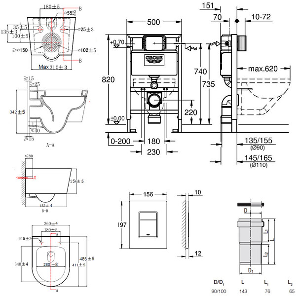 GROHE - Grohe Pack WC Rapid SL + Cuvette sans bride SAT, fixations invisibles + Plaque Chrome (RapidSL082-SATrimless-1) - large