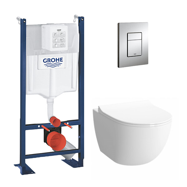 GROHE - Pack WC Cuvette Compacte Sento RIM-EX (sans bride) + Rapid SL autoportant NF + plaque chrome (ProjectSentoRimlessCOMPACT-1) - large