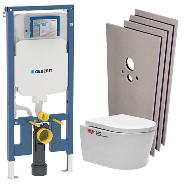 GEBERIT - Pack WC Bati Geberit extra-plat + WC Swiss Aqua Technologies sans bride + Abattant + Plaque + habillage (SLIM-SATrimless-F-sabo) - large