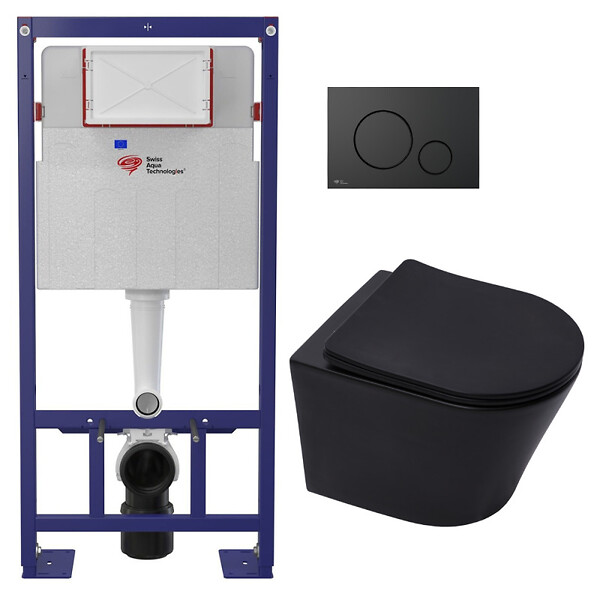 SWISS AQUA TECHNOLOGIES - Pack WC bâti-autoportant + WC sans bride SAT Infinitio + Abattant SoftClose + Plaque noir mat (SMART-BlackInfinitio-M678) - large