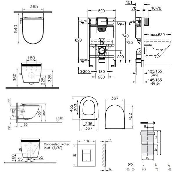 GROHE - Pack WC Bâti-support + WC sans bride SAT avec bidet thermostatique + Abattant SoftClose + Plaque Chrome (RapidSL082-SATClean-1) - large