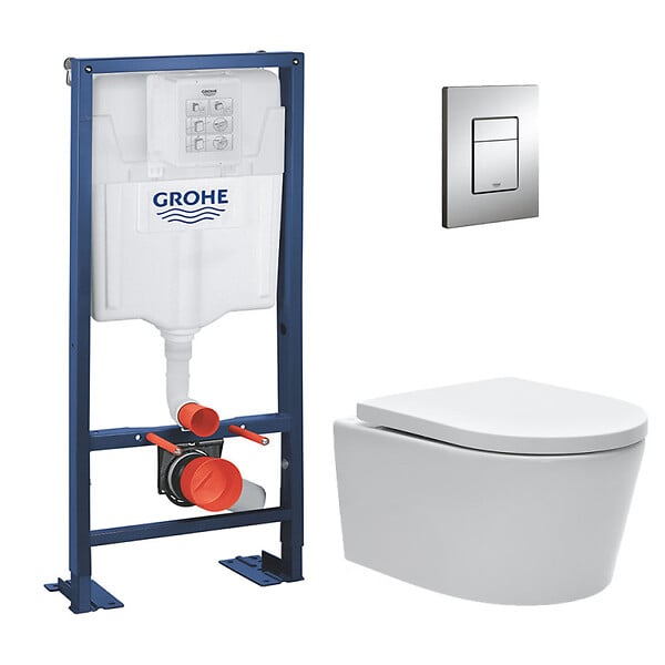 SWISS AQUA TECHNOLOGIES - Pack WC bâti-autoportant Rapid SL + WC SAT rimless fixations invisibles + Abattant softclose + Plaque chrome - large