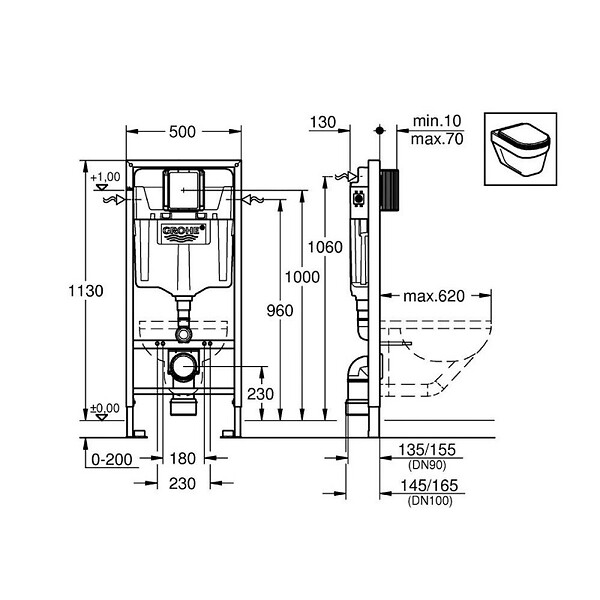 GROHE - Pack WC Rapid SL + WC Bau Ceramic sans bride + Siège abattant SoftClose + Plaque de commande noir mat  (RapidSL-Bau-KF0) - large