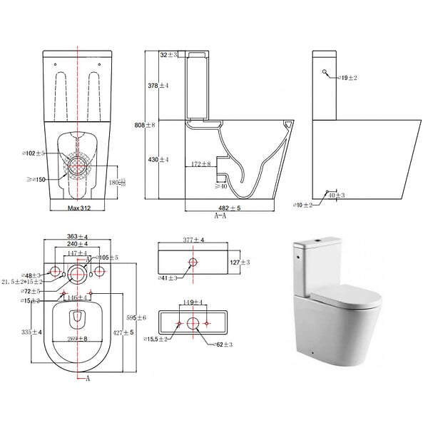SWISS AQUA TECHNOLOGIES - lot de 6 Brevis WC à poser Haut de gamme, sans bride + abattant softclose, alimentation latérale éco, vidage universel - large