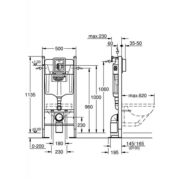 GROHE - Pack WC Bâti Autoportant Rapid SL + WC sans bride Vitra Normus + Abattant softclose + Plaque chrome - large
