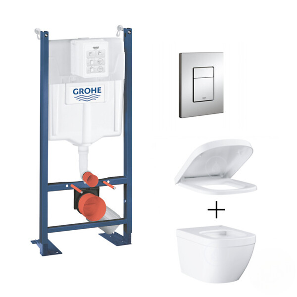 GROHE - Pack WC Euro Ceramic sans bride Triple Vortex blanc alpin + Rapid SL autoportant NF + plaque chrome (ProjectEuroCeramic-1) - large
