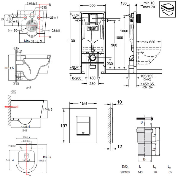 GROHE - Pack WC Rapid SL + Cuvette sans bride SAT, fixations invisibles + Plaque Noir mat + Set habillage (RapidSL-SATrimless-KF0-sabo) - large