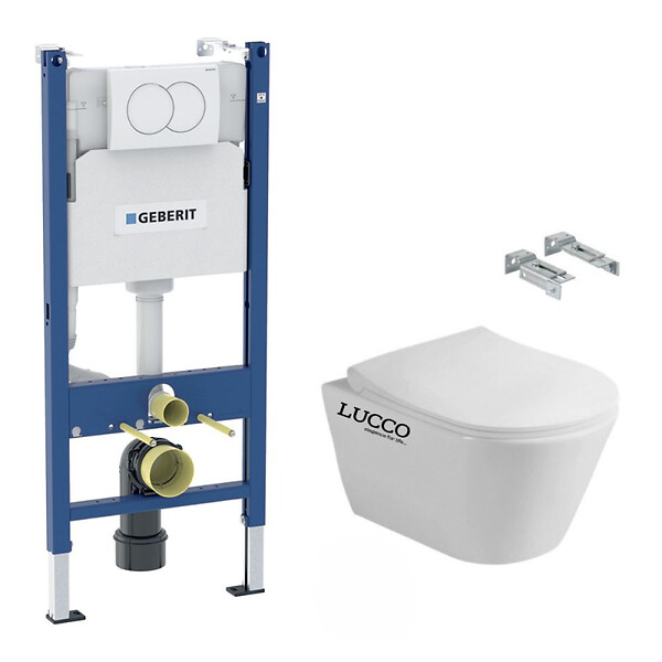 GEBERIT - Pack WC Bati-support Geberit + WC sans bride Avva + Abattant SoftClose + Plaque blanche + Set d'isolation phonique (AvvaGeb3SET) - large