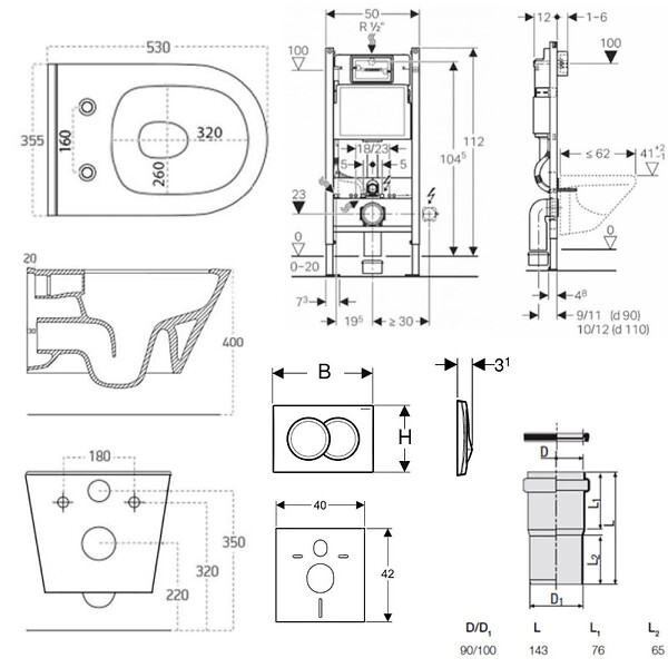 GEBERIT - Pack WC Bati-support Geberit + WC sans bride Avva + Abattant SoftClose + Plaque blanche + Set d'isolation phonique (AvvaGeb3SET) - large