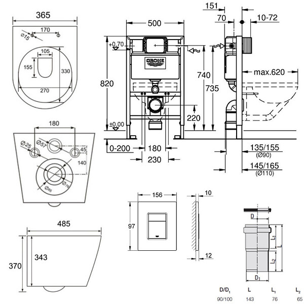 GROHE - Pack WC Bâti-support Rapid SL + WC Swiss Aqua Technologies Infinitio sans bride + Plaque Noir mat (RapidSL082-Infinitio-KF0) - large