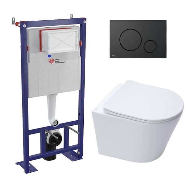 SWISS AQUA TECHNOLOGIES - Swiss Aqua Technologies Pack WC bâti-autoportant + WC SAT Infinitio sans bride fixations invisibles + Abattant softclose + Plaque noir mat - large