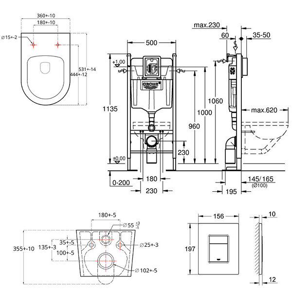 GROHE - Pack WC Bâti autoportant + WC sans bride SAT Brevis + Abattant ultra-fin softclose + Plaque chrome (ProjectBrevis-1) - large