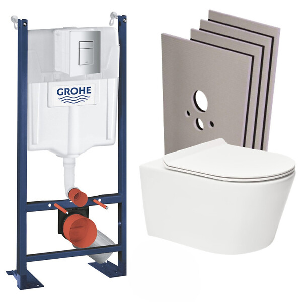 GROHE - Pack WC Bâti autoportant + WC sans bride SAT, fixations invisibles + abattant slim, softclose + Plaque + Set habillage - large