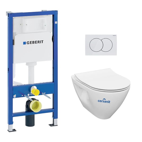 GEBERIT - Pack WC Bâti-support Geberit 112 cm + Cuvette sans bride Cersanit + Abattant SoftClose + Plaque blanche (MILLEGEB1) - large