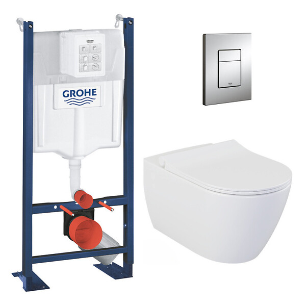 GROHE - Pack WC Bâti-autoportant Rapid SL + WC sans bride Bello + Abattant softclose + Plaque chrome (ProjectBello-1) - large