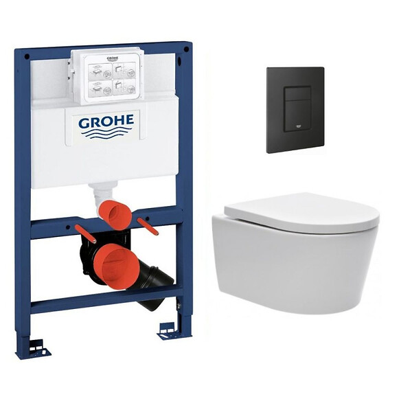 GROHE - Pack WC Rapid SL + Cuvette sans bride SAT, fixations invisibles + Plaque Noir mat (RapidSL082-SATrimless-KF0) - large