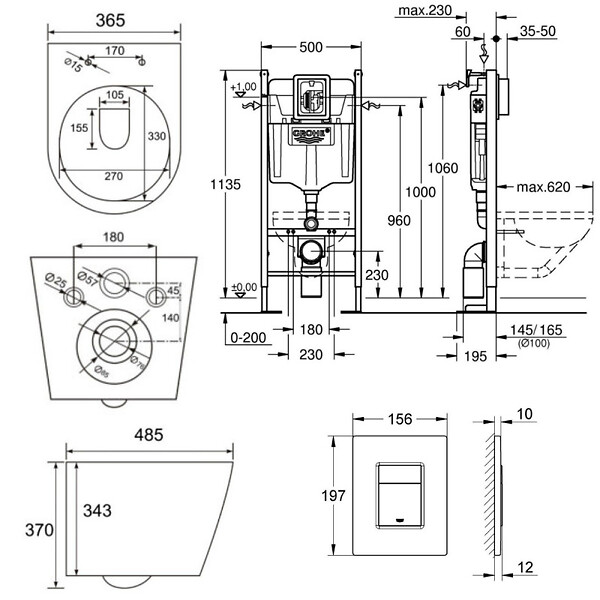 GROHE - Pack WC Rapid SL + Cuvette sans bride SAT, fixations invisibles + Plaque Noir mat (RapidSL082-SATrimless-KF0) - large