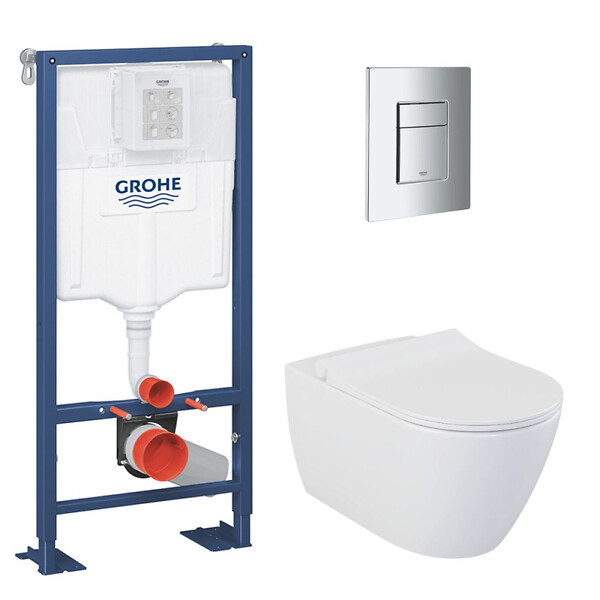 GROHE - Pack WC Bâti Autoportant Solido + Cuvette Bello + Abattant soft close  + Plaque Chrome (AUTOPORTANT-BELLO-1) - large