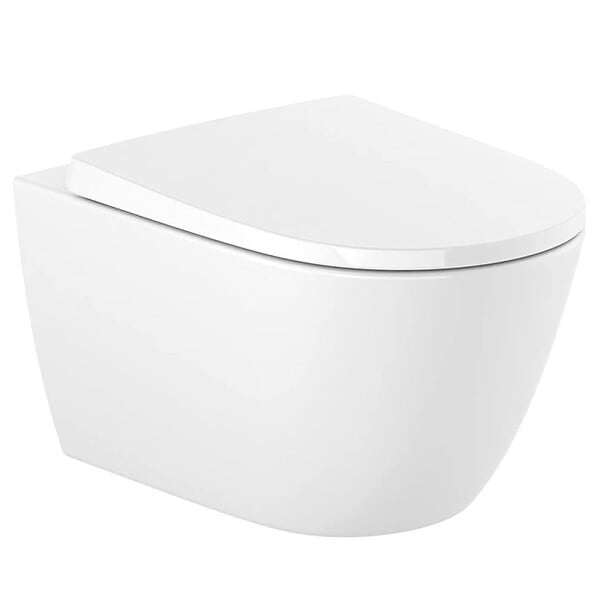 GROHE - Pack WC autoportant avec cuvette Roca sans bride et fixations invisibles + abattant Soft Close + Plaque chrome (ProjectOna-1) - large