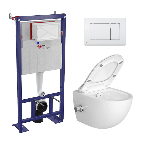 SWISS AQUA TECHNOLOGIES - Pack WC bâti-autoportant + WC sans bride SAT Infinitio avec fonction bidet thermostatique + Abattant softclose + Plaque blanche - large