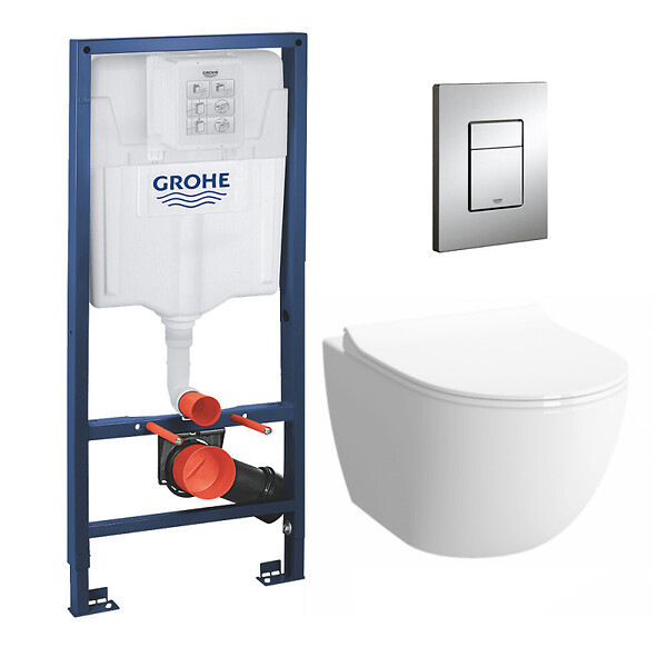 GROHE - Pack WC Bâti + cuvette Sento RIM-EX (sans bride) compacte + plaque de commande chrome (GROHE-SentoRimlessCOMPACT) - large