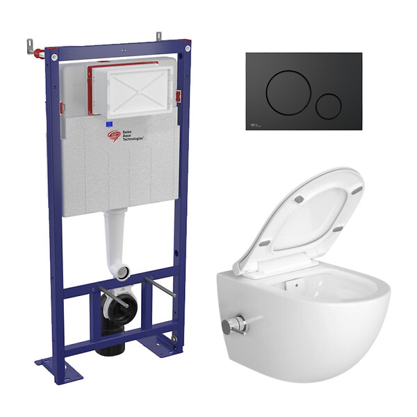 SWISS AQUA TECHNOLOGIES - Pack WC bâti-autoportant + WC sans bride SAT Infinitio avec fonction bidet thermostatique + Abattant softclose + Plaque noir mat - large