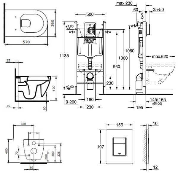 GROHE - Pack WC Bâti-autoportant Rapid SL + WC sans bride Bello + Abattant softclose + Plaque chrome (ProjectBello-1-SP) - large