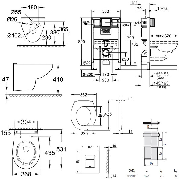 GROHE - Pack WC Bâti-support Rapid SL + Cuvette Bau sans bride + Abattant SoftClose + Plaque Chrome (RapidSL082-Bau-1) - large