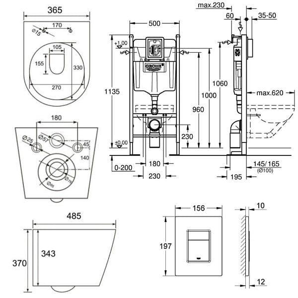 GROHE - Pack WC Rapid SL + Cuvette sans bride SAT, fixations invisibles + Plaque Noir mat (RapidSL082-SATrimless-KF0) - large