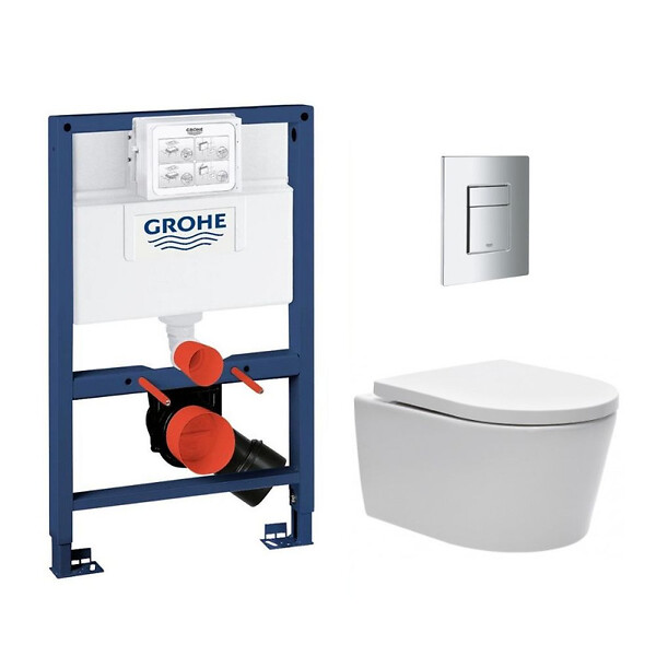 GROHE - Pack WC Bâti-support Rapid SL + WC sans bride SAT Brevis + Plaque Chrome (RapidSL082-Brevis-1) - large