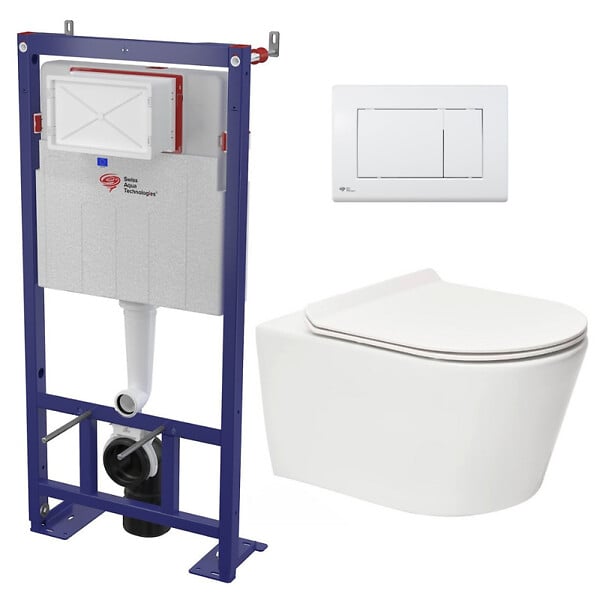 SWISS AQUA TECHNOLOGIES - Pack WC bâti-autoportant + WC SAT sans bride fixations invisibles + Abattant softclose + Plaque blanche (SMART-Brevis-M270) - large