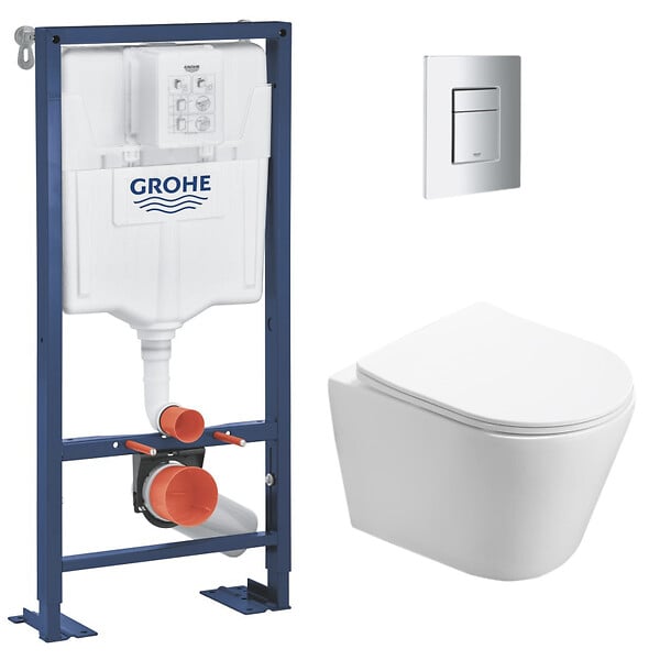GROHE - Pack WC Bati support autoportant + WC SAT sans bride + Abattant Soft close + Plaque chrome (Autoportant-Infinitio-1) - large