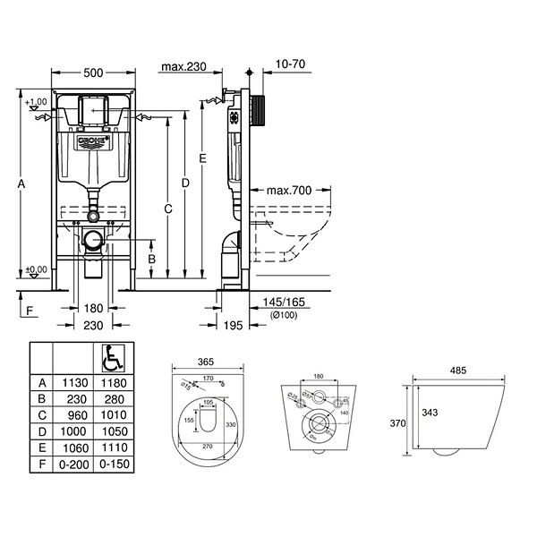 GROHE - Pack WC Bati support autoportant + WC SAT sans bride + Abattant Soft close + Plaque chrome (Autoportant-Infinitio-1) - large