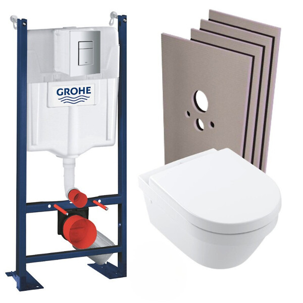 GROHE - Pack WC Bâti autoportant + WC Architectura sans bride + Abattant + Plaque chrome + Set habillage - large