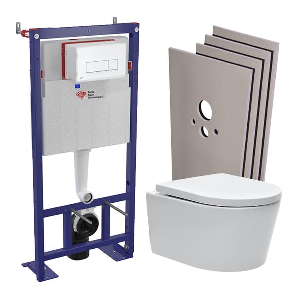 SWISS AQUA TECHNOLOGIES - Pack WC bâti-autoportant + WC SAT sans bride + Abattant softclose + Plaque blanche + Set d'habillage - large